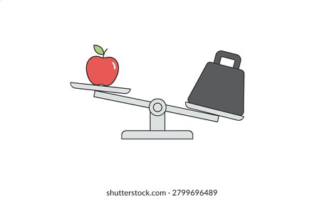 Balance scale weighing a red apple on one side against a heavy black weight on the other side for diet and health comparison concepts.