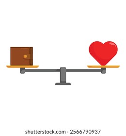 Balance scale weighing a red heart and a brown leather wallet, symbolizing the choice between love and wealth