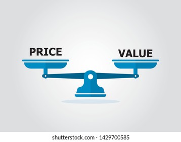 Balance scale weight for price and value. Vector conceptual illustration. Balancing between price and value. Comparison for the most important thing. The decision for equality and measurement. 