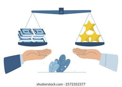 Balance scales between money and quality, High quality products create more value, Businessman hands offer quality goods in exchange for a large sum of money, Flat vector design illustration.
