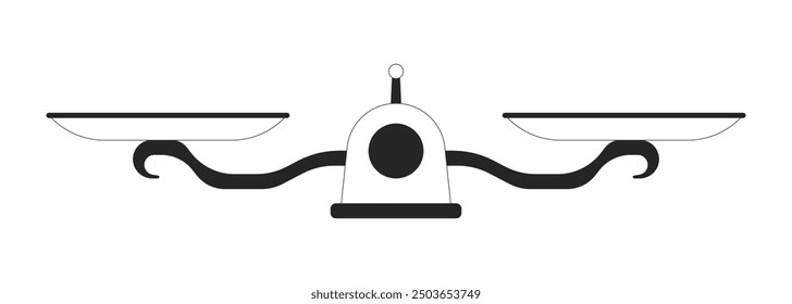 Balance scales black and white 2D line object. Equality equilibrium equipment libra isolated vector outline item. Judge righteousness. Measure comparison monochromatic flat spot illustration