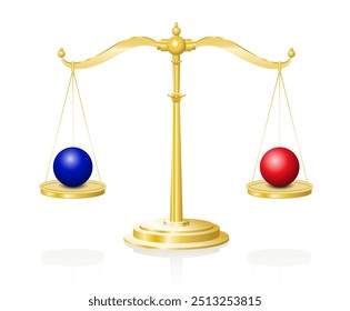 Balancear escalas com esfera azul e vermelha em equilíbrio. Bolas do mesmo tamanho e peso, mas de cores diferentes em perfeito equilíbrio em panelas de pesagem de uma escala de latão. Símbolo de justiça e equilíbrio de poder.