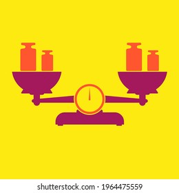 Balanza con ponderaciones de calibración. Ilustración vectorial de estilo plano aislada en fondo amarillo.