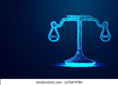 Balance Scales, Judge, Justice scales. Abstract low poly, Triangle, dot, line, polygon. Shine blue background, Vector illustration