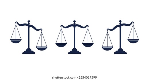 Balance scales or libra with saucers. Measuring instrument. Flat vector silhouettes in black color on a white background.