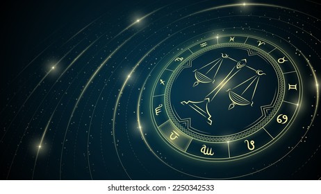 Balance, Scales Libra Zodiac Symbol, Wheel of Twelve Sign, Star Trail, Glowing Ray of Star Light in Space, Horoscope and Astrology, Fortune-Telling, Stellar Backdrop Background Vector Illustration.