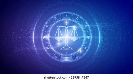 Balance, Scales Libra Zodiac Wheel Star Sign Futuristic Hologram Neon Glow Cybernetic Digital Translucent Horoscope, Astrology and Fortune-Telling Backdrop Background Illustration