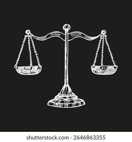 Ilustração de desenho de contorno de escalas de saldo. Escalas de justiça esboçadas em estilo de gravação. Símbolo da lei e do julgamento. Clipart de vetor desenhado à mão