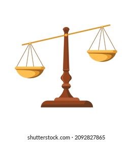 Balance scales. Scale made of wood with metal cups. Symbol of justice and jurisprudence. Icon, clipart for website, application about lawyers, justice. Vector flat illustration, cartoon style.