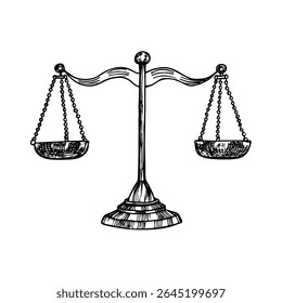 Balance scales sketch illustration. Scales of justice outline drawing in engraving style. Symbol of law and judgment. Hand-drawn vector clipart