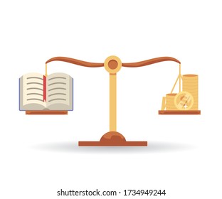 Balance scales weighing book and money equally - knowledge and wealth comparison concept. Education as equal to gold coins and worth the investment - flat isolated vector illustration.