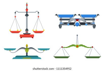 Balance scales with weight and equal pans. Device to measure mass, compare two objects, home and laboratory instrument. Vector flat style cartoon illustration isolated on white background