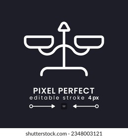 Balance scales white linear desktop icon on black. Weight measuring device. Court justice. Equality symbol. Pixel perfect, outline 4px. Isolated user interface symbol for dark theme. Editable stroke