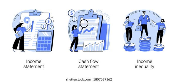 Balance sheet abstract concept vector illustration set. Income and cash flow statement, income inequality, financial plan and report, company debt, accountancy service, document abstract metaphor.