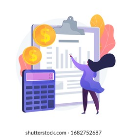 Balance sheet cartoon web icon. Accounting process, finance analyst, calculating tools. Financial consulting idea. Bookkeeping service. Vector isolated concept metaphor illustration