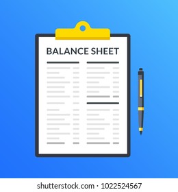 Balance sheet. Clipboard with financial statement, financial report and pen. Modern flat design graphic elements. Vector illustration