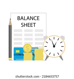 Balance sheet of company, audit finance and plan budget. Vector illustration. Analysis budget risk, statment story, monthly checklist, data statistics, salary review, company money olan