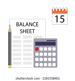 Balance sheet concept, calculation budget and planning. Vector illustration. Financial accounting document, balance reporting sheet, data papperwork, budgeting control, office cash data