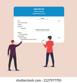 Balance sheet format. Part of financial statement icon. Accounting, bookkeeping, audit debit and credit calculations. Colored flat vector illustration.