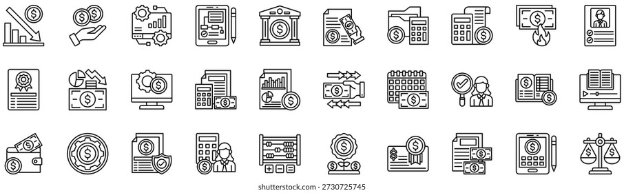 Colección de iconos de balance. Ilustración vectorial. Bancarrota, A Pagar, Sistema, Negocio, Banco, Cuentas de Acumulación, Cuenta Bancaria, Débito, Quema, Valoración, Estándar, Deuda, Software, Contabilidad. Vector Pro	