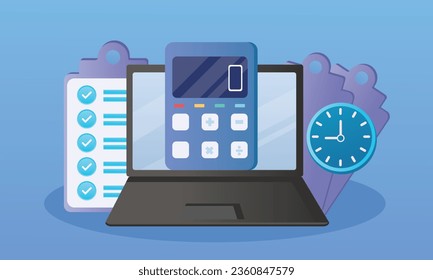 Balance sheet Laptop with on-screen calculator and clipboard with financial statements.on blue background.Vector Design Illustration.