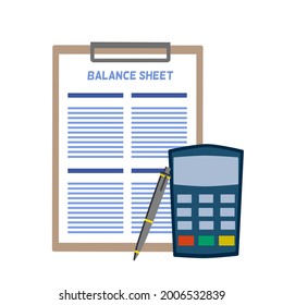 Balance sheet on document board with calculator and pen, statement account financial concept