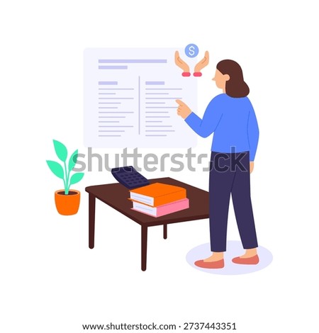 Balance Sheet, presenting assets liabilities and equity position, Flat vector character illustration