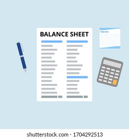 Balance Sheet Vector. Financial Statement Document With Blue Pen, Calculator, Note. Flat Illustration On Light Blue Background. Business And Finance Concept.