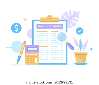 Balance sheet. Vector illustration. Financial statement, report, financial document concepts