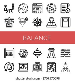 balance simple icons set. Contains such icons as Seesaw, Balance, Medicine ball, Filter, Slider, Buddhism, Weight, Receipt, Bathroom scale, can be used for web, mobile and logo