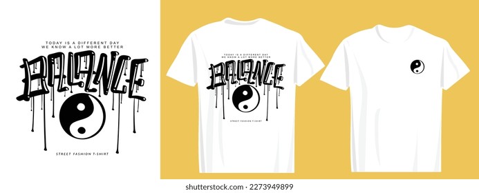 Texto del lema del balance. Dibujo de símbolo Yin yang. Diseño de ilustraciones vectoriales para gráficos de moda, estampados de camisetas.