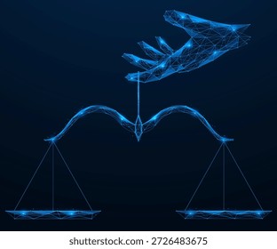 El equilibrio de la solución. Las escamas colgadas cuelgan del dedo de una mano humana. El concepto de control, responsabilidad e implicación personal en la determinación del equilibrio.