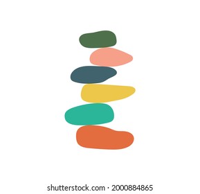 Balance of stone. Harmony of pebble. Logo of stack equilibrium of stones for zen, meditation and yoga. Emblem of pyramid of rock for buddhism, relax, and health. Rainbow icon for inspiration. Vector.