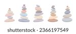 Balance stone pyramid collection. Pebble harmony tower in pastel colors. Zen, meditation, relaxing or tranquility vector concept set isolated on white background.