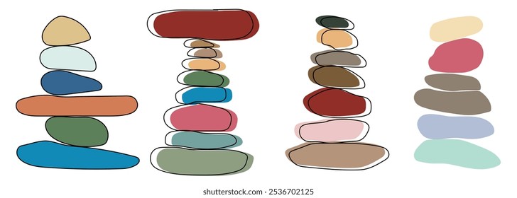 Coleção de pirâmides de pedra de balanço. Pebble torre harmonia em cores pastel. Zen, meditação, relaxante ou conceito de vetor de tranquilidade conjunto isolado no fundo branco.