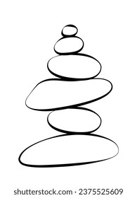 Balance stone pyramid silhouette. Pebble harmony tower in white color. Zen, meditation, relaxing or tranquility vector concept isolated on white background.