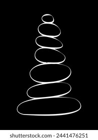 Balance stone pyramid silhouette. Pebble harmony tower. Zen, meditation, relaxing or tranquility vector concept isolated on black background.