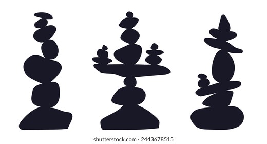 Balance stones. Balanced pebbles isolated on white background. Rock balancing illustration. Counterbalance set of rocks. Black rocks piled in balanced stacks.