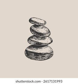 Balance stones drawing illustration. Stacked balancing pebble stones sketch engraving style vector. Meditation, relaxation, zen concept hand drawn line art