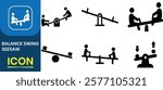  Balance swing seesaw icon. Equal and unequal weight, balanced and unbalanced, teeter-totter, perfect for playground, symbol of children's play or balance, childhood memory. Vector illustration.