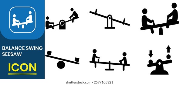  Balance swing seesaw icon. Equal and unequal weight, balanced and unbalanced, teeter-totter, perfect for playground, symbol of children's play or balance, childhood memory. Vector illustration.