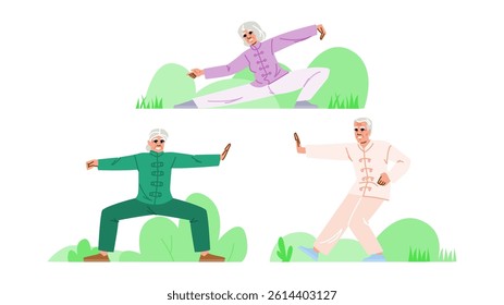 balance tai chi seniors vector. flexibility relaxation, wellness mindfulness, breathing posture balance tai chi seniors character. people flat cartoon illustration