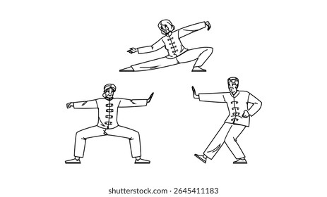 equilíbrio tai chi vetor seniors. flexibilidade relaxamento, bem-estar atenção, respiração postura equilíbrio tai chi seniors personagem. pessoas linha preta lápis desenho ilustração