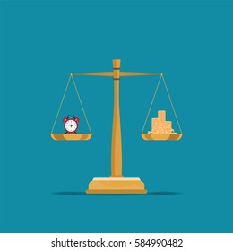 Balance time and money on scales, Current value of the world, conceptual flat design vector illustration.