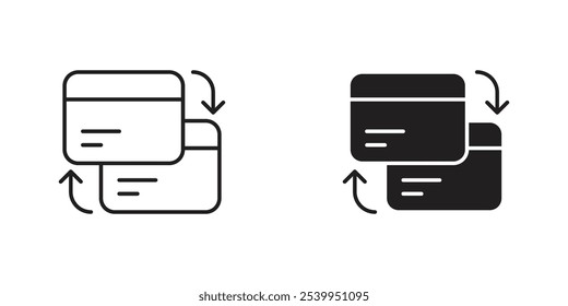 Icono de transferencia de saldo con flechas entre dos tarjetas de crédito, que representa transferencias financieras, gestión de deudas y consolidación de tarjetas de crédito