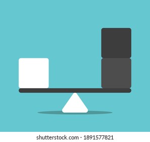 Balance, unique white cube and two black ones. Scale, comparison, competition, equity, choice and equilibrium concept. Flat design. Vector illustration, no transparency, no gradients