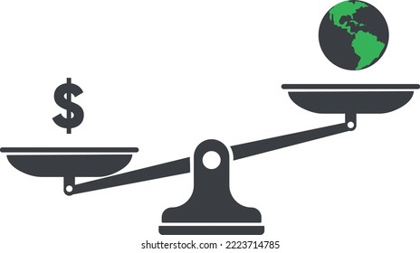 Balance USD and World, Dollar is heavier than the world, Money and planet earth on scales. Cartoon flat vector concept illustration isolated on white background.