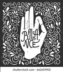 Balance. Vector illustration with white hand silhouette in pose Jnana or Chin mudra and lettering on black background with swirls. Yoga and meditation print, poster, flyer and card design.