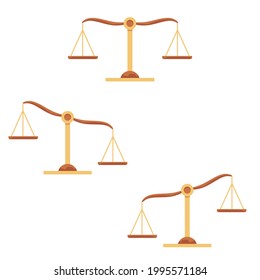 Balance vintage scales icons set, flat vector illustration isolated on white background. Weigher with bowls a compare, measurement and law justice symbol.