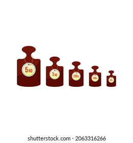 Balance weights of 5 kg, 1 kg, 250 g, 100 g, 50 g. kilogram and gram weights